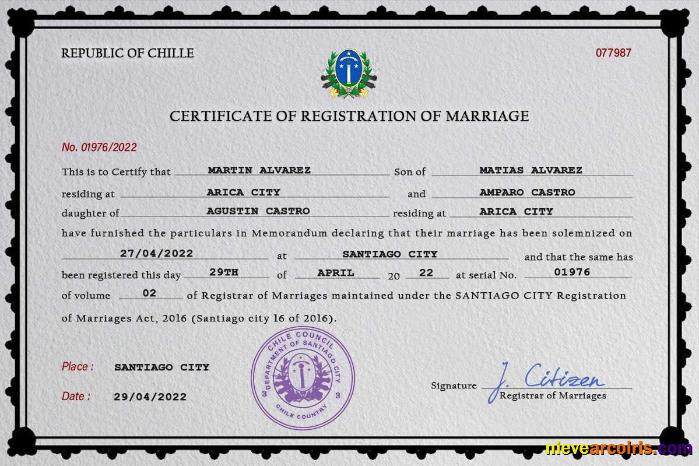 Professional Chile Marriage Certificate PSD Template