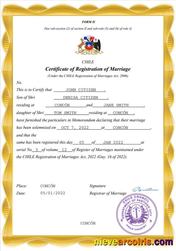 Realistic Chile Marriage Certificate Word And PDF Template