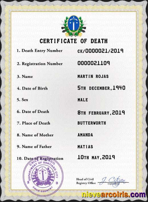 Realistic Chile Vital Record Death Certificate PSD Template