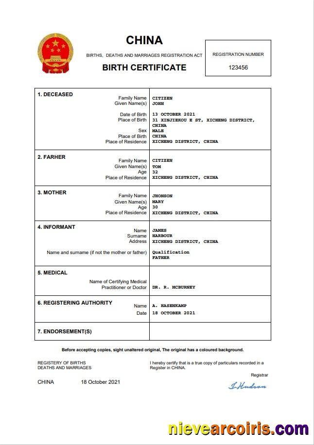 Editable China Birth Certificate Word And PDF Template