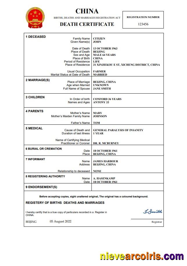 Editable China Vital Record Death Certificate Word And PDF Template