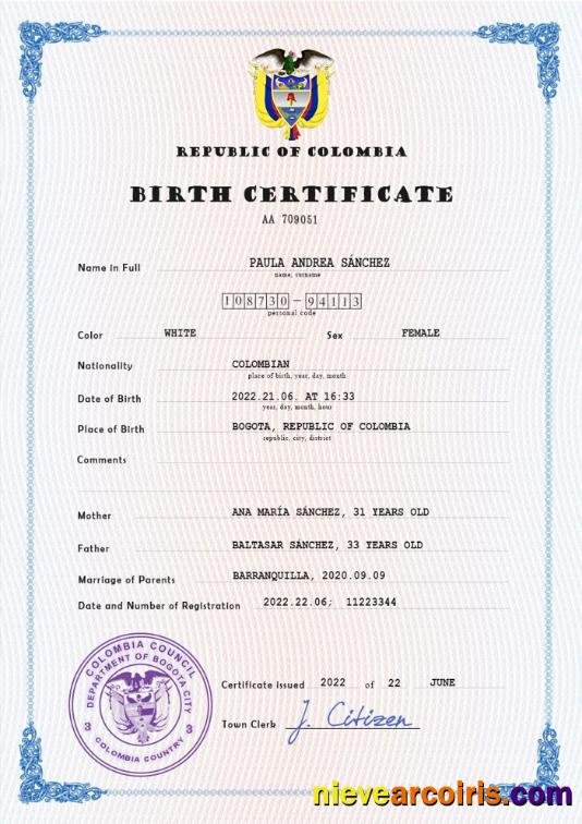 Premium Colombia Birth Certificate PSD Template