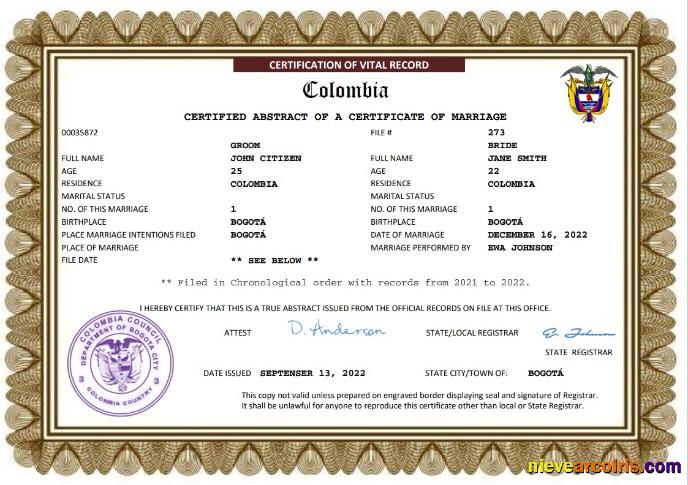 Realistic Colombia Marriage Certificate Word And PDF Template