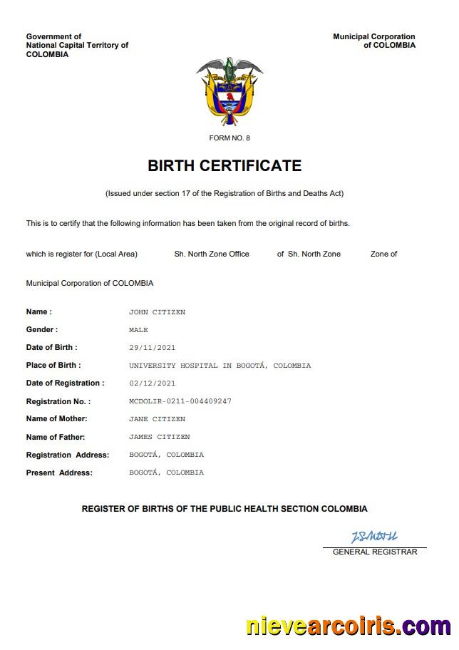 Premium Colombia Vital Record Birth Certificate Word And PDF Template