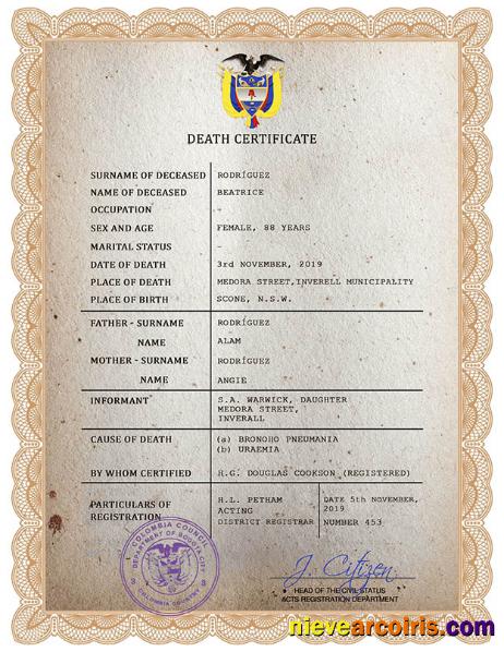 Premium Colombia Vital Record Death Certificate PSD Template