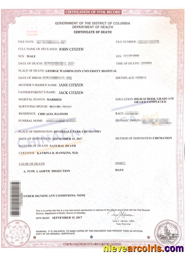 Columbia Certificate Of Death Sample