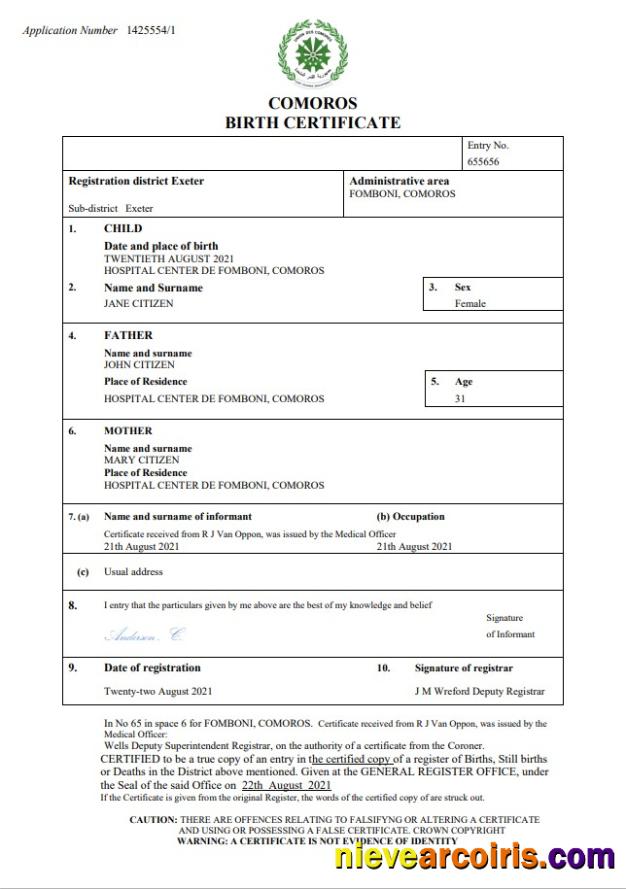 Editable Comoros Birth Certificate Word And PDF Template