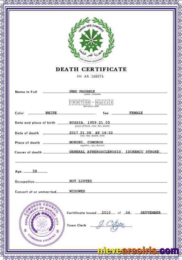 Premium Comoros Death Certificate PSD Template