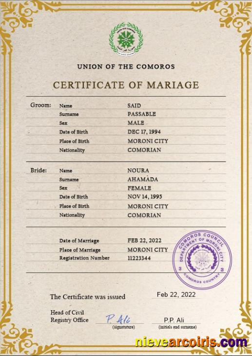 Professional Comoros Marriage Certificate PSD Template