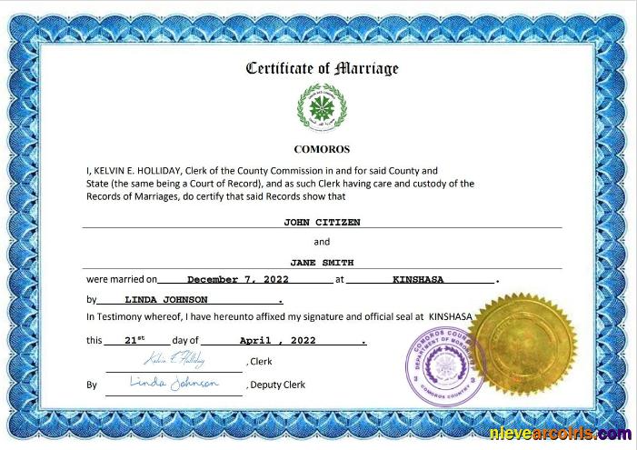 Premium Comoros Marriage Certificate Word And PDF Template