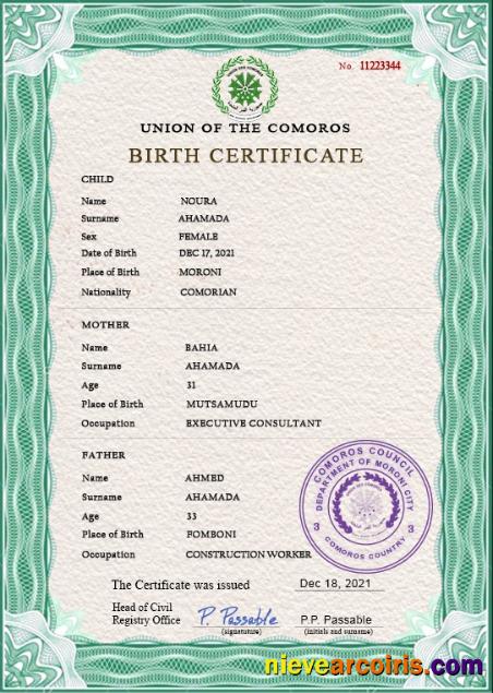 Editable Comoros Vital Record Birth Certificate PSD Template