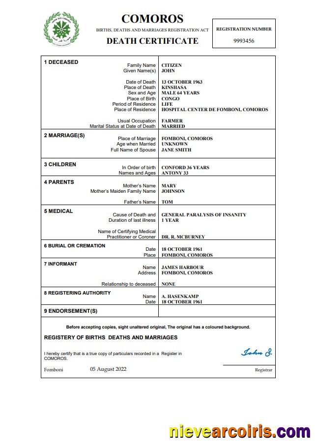 Professional Comoros Vital Record Death Certificate Word And PDF Template