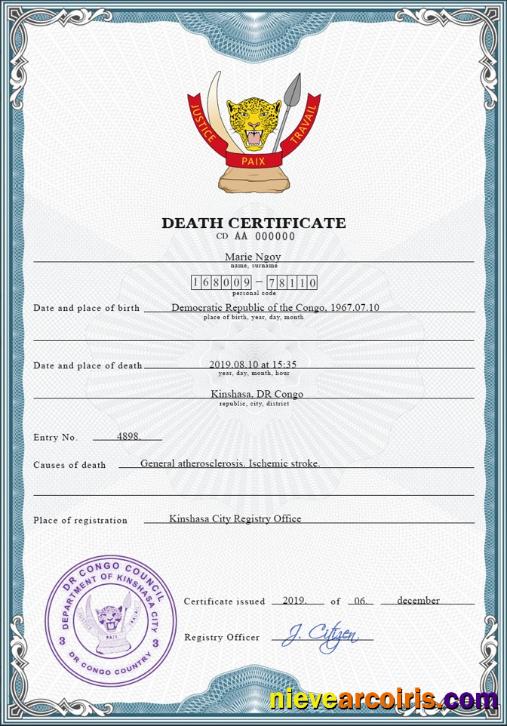 Professional Congo (Democratic Republic Of The Congo) Vital Record Death Certificate PSD Template