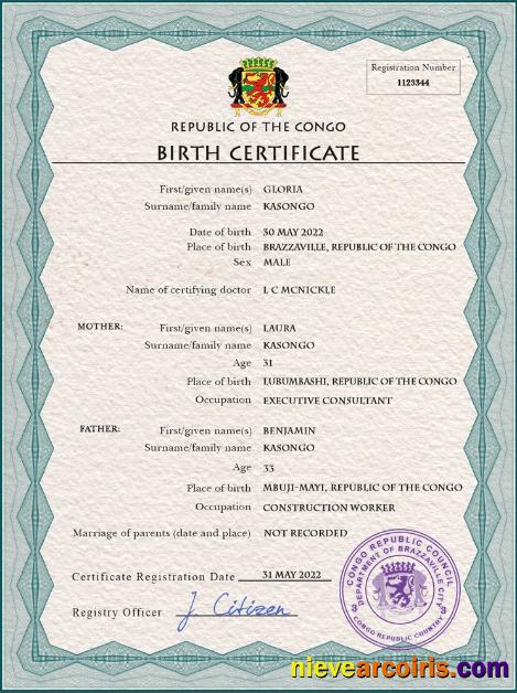 Realistic Congo (Republic Of The) Vital Record Birth Certificate PSD Template