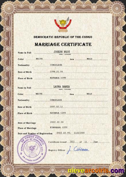 Editable Congo Democratic Republic Marriage Certificate PSD Template