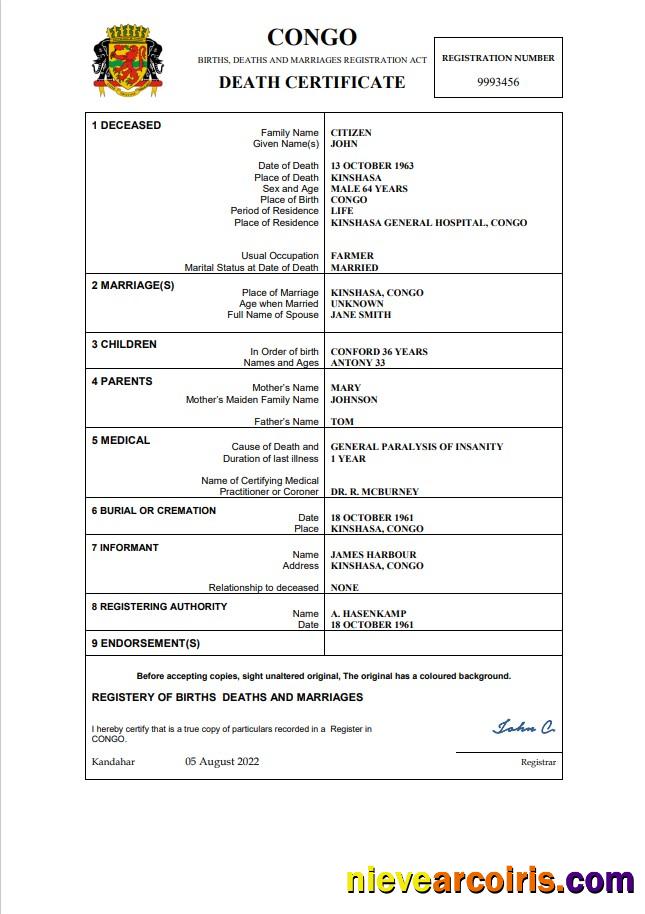 Editable Congo Death Certificate Word And PDF Template