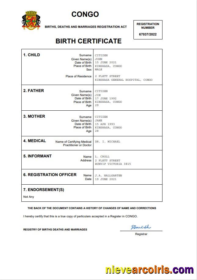 Editable Congo Vital Record Birth Certificate Word And PDF Template
