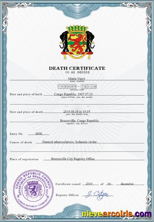 Realistic Congo Vital Record Death Certificate PSD Template