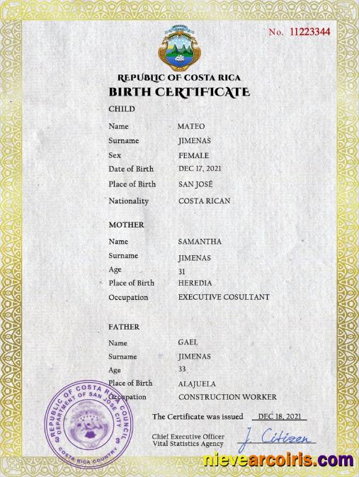Professional Costa Rica Birth Certificate PSD Template