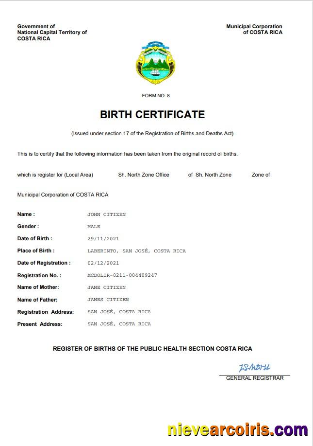 Professional Costa Rica Birth Certificate Word And PDF Template
