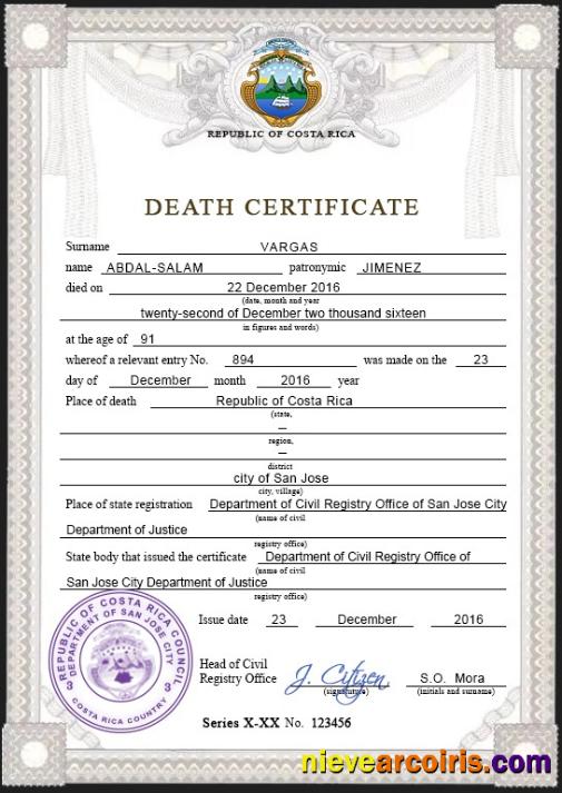 Professional Costa Rica Death Certificate PSD Template