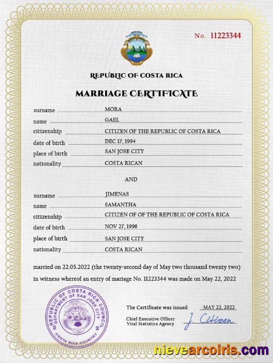 Premium Costa Rica Marriage Certificate PSD Template