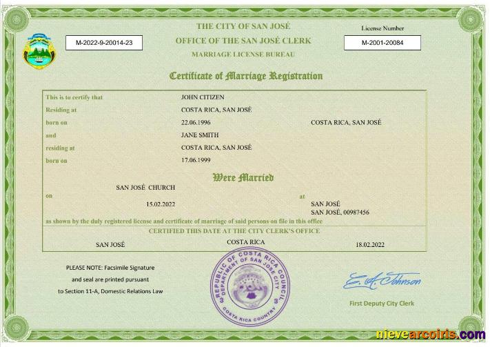Professional Costa Rica Marriage Certificate Word And PDF Template