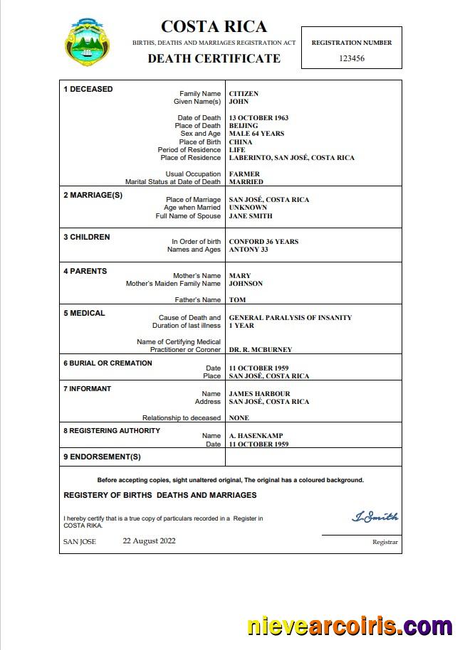 Professional Costa Rica Vital Record Death Certificate Word And PDF Template