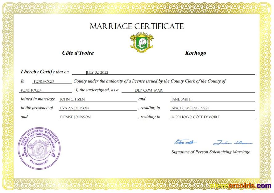 Premium Cote D’Ivoire Marriage Certificate Word And PDF Template
