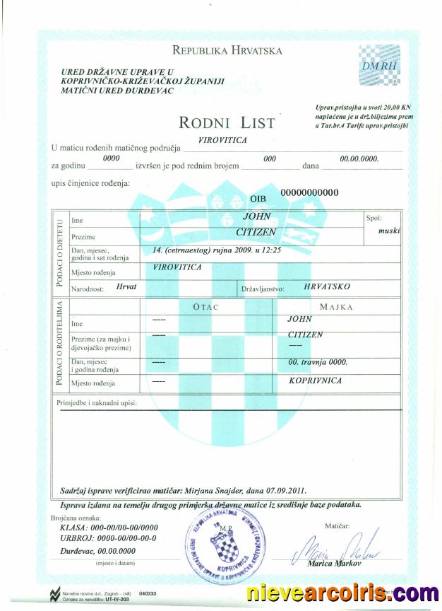 Croatia Birth Certificate Sample
