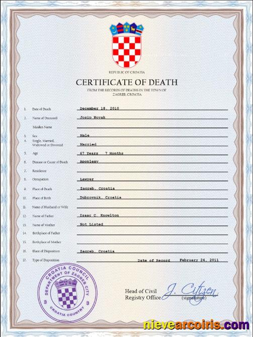 Professional Croatia Death Certificate PSD Template