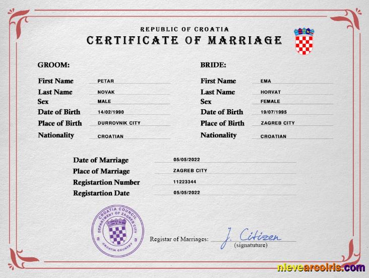 Realistic Croatia Marriage Certificate PSD Template