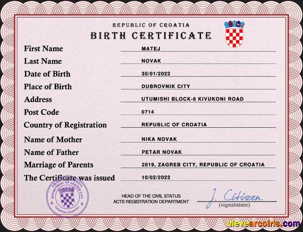 Realistic Croatia Vital Record Birth Certificate PSD Template
