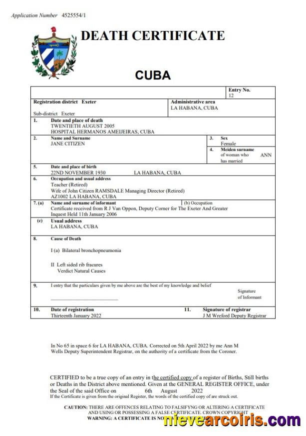 Realistic Cuba Death Certificate Word And PDF Template
