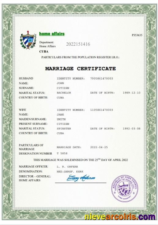 Realistic Cuba Marriage Certificate Word And PDF Template