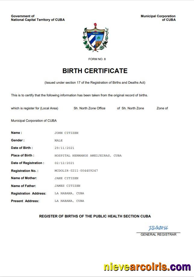 Editable Cuba Vital Record Birth Certificate Word And PDF Template