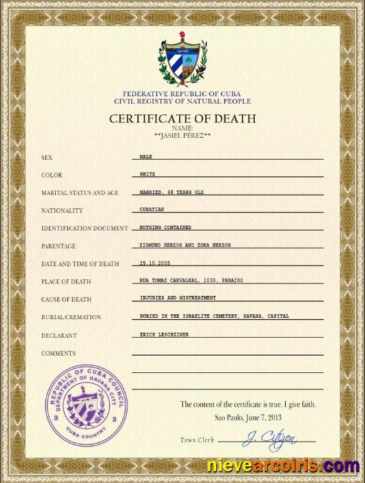 Professional Cuba Vital Record Death Certificate PSD Template