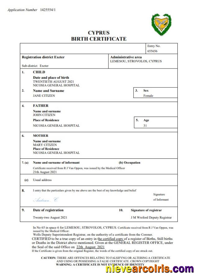 Editable Cyprus Birth Certificate Word And PDF Template