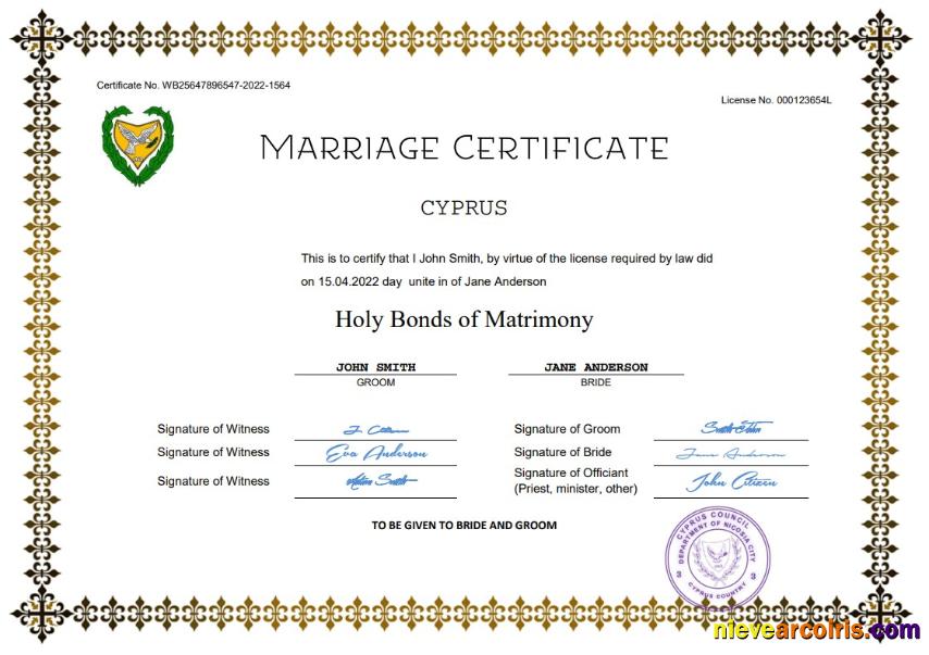 Editable Cyprus Marriage Certificate Word And PDF Template