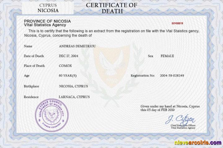 Realistic Cyprus Vital Record Death Certificate PSD Template