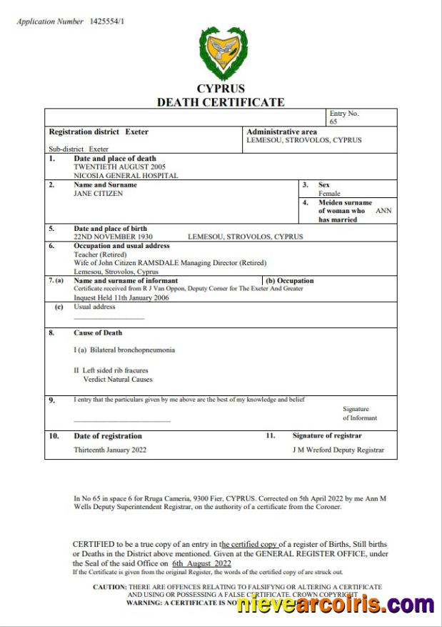 Professional Cyprus Vital Record Death Certificate Word And PDF Template