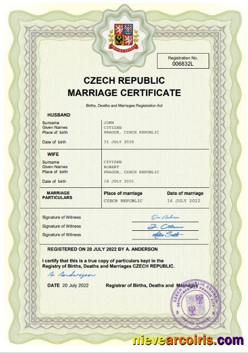 Realistic Czech Republic Marriage Certificate Word And PDF Template
