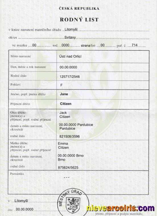 Professional Czech Birth Certificate Fully Editable Template In PSD Format