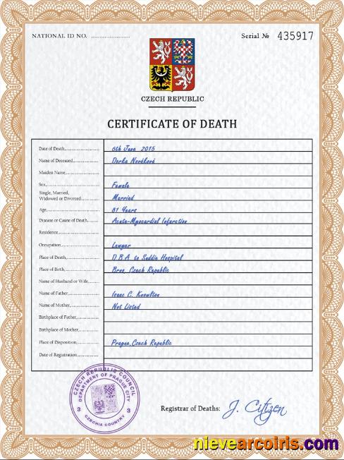 Premium Czechia Death Certificate PSD Template