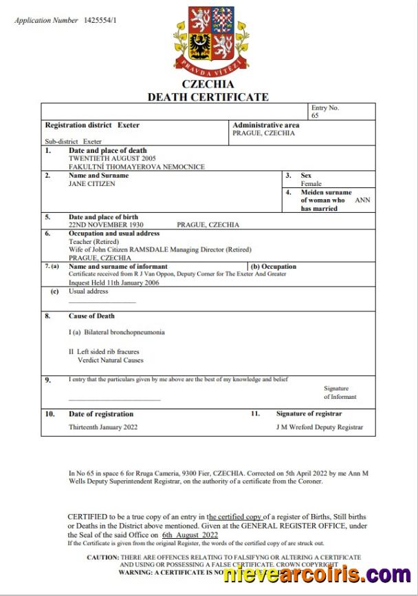Professional Czechia Death Certificate Word And PDF Template
