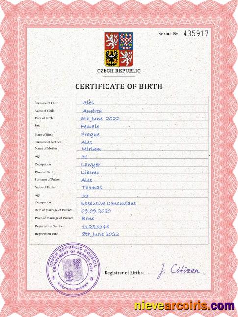 Professional Czechia Vital Record Birth Certificate PSD Template