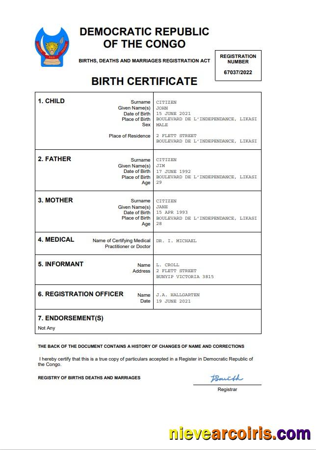 Professional Democratic Republic Of The Congo Birth Certificate Word And PDF Template