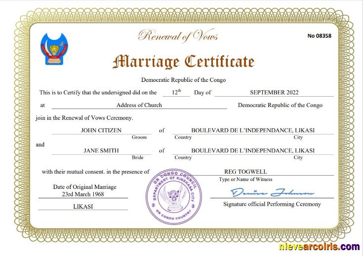 Premium Democratic Republic Of The Congo Marriage Certificate Word And PDF Template
