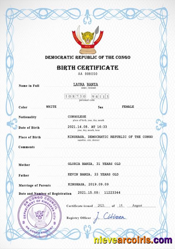 Editable Democratic Republic Of The Congo Vital Record Birth Certificate PSD Template