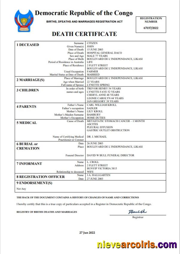 Editable Democratic Republic Of The Congo Vital Record Death Certificate Word And PDF Template